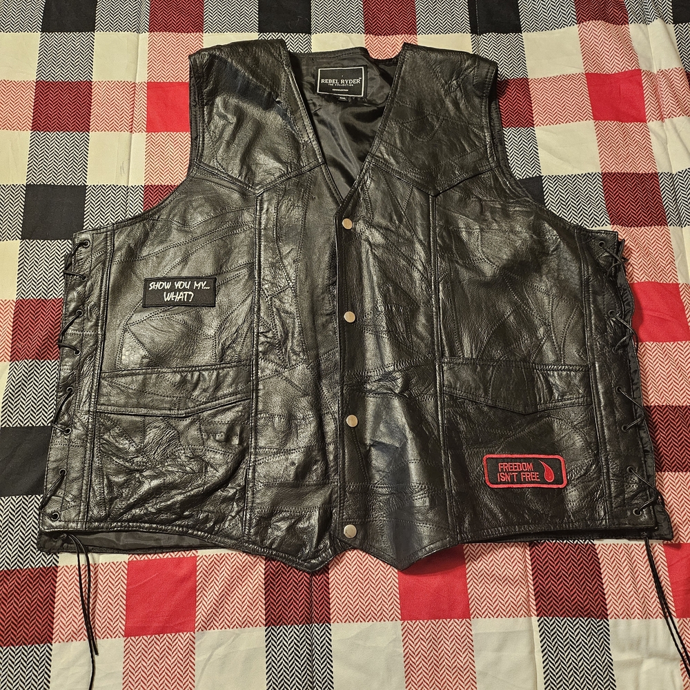 Rebel Ryder Genuine Black Leather Patchwork Motorcycle Biker Vest 4X Laced Sides